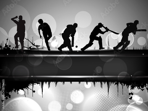 Silhouettes of a cricket batsman and bowlers in playing action o