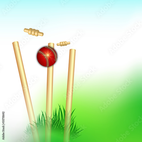 Abstract sports concept with cricket ball on wicket stumps.