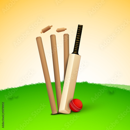 Abstract sports concept with cricket ball on wicket stumps.