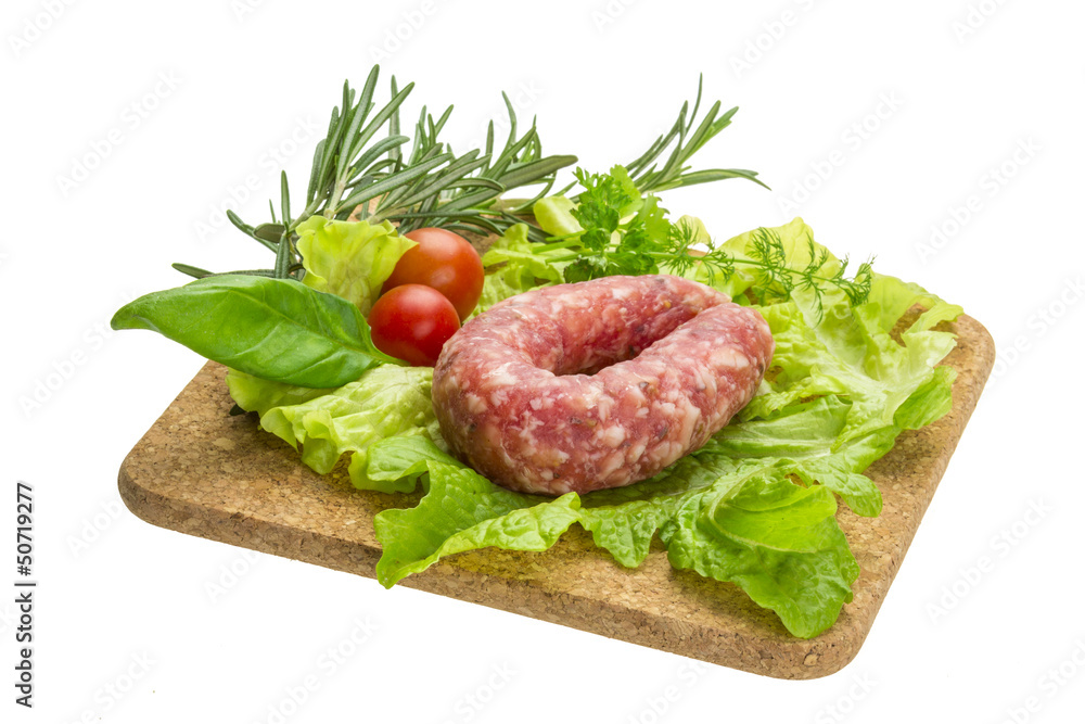 Salami with rosemary, salad and tomatoes