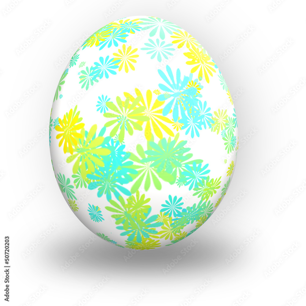 Uovo di pasqua con fiori gialli verdi e azzurri su fondo bianco Uovo di pasqua con fiori gialli verdi e azzurri su fondo bianco