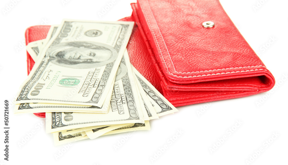 Purse with hundred dollar banknotes, isolated on white Purse with hundred dollar banknotes, isolated on white