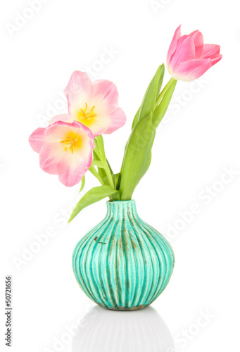 Fototapeta Naklejka Na Ścianę i Meble -  Pink tulips in bright vase, isolated on white