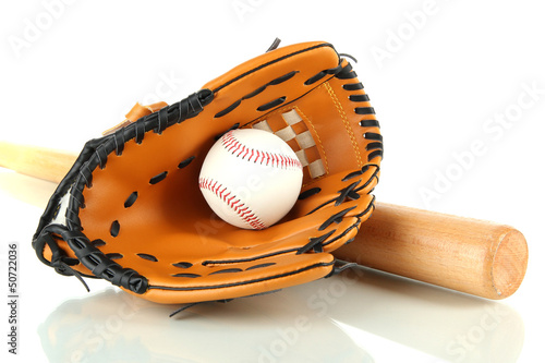 Baseball glove, bat and ball isolated on white