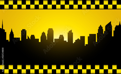 background with evening city silhouette and taxi