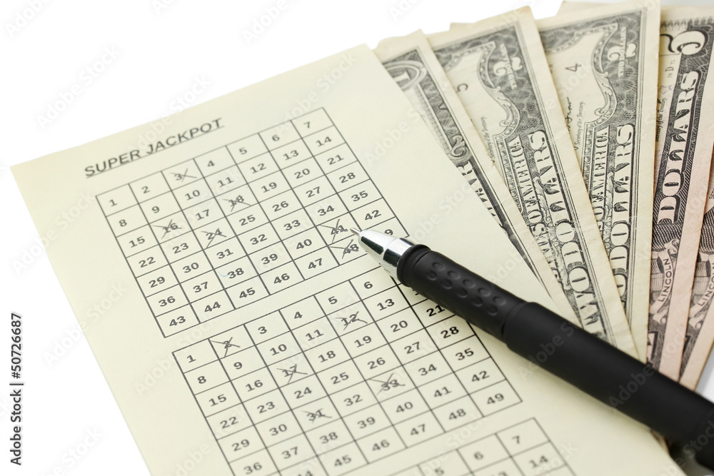 Lottery ticket with pen and money, isolated on white Lottery ticket with pen and money, isolated on white
