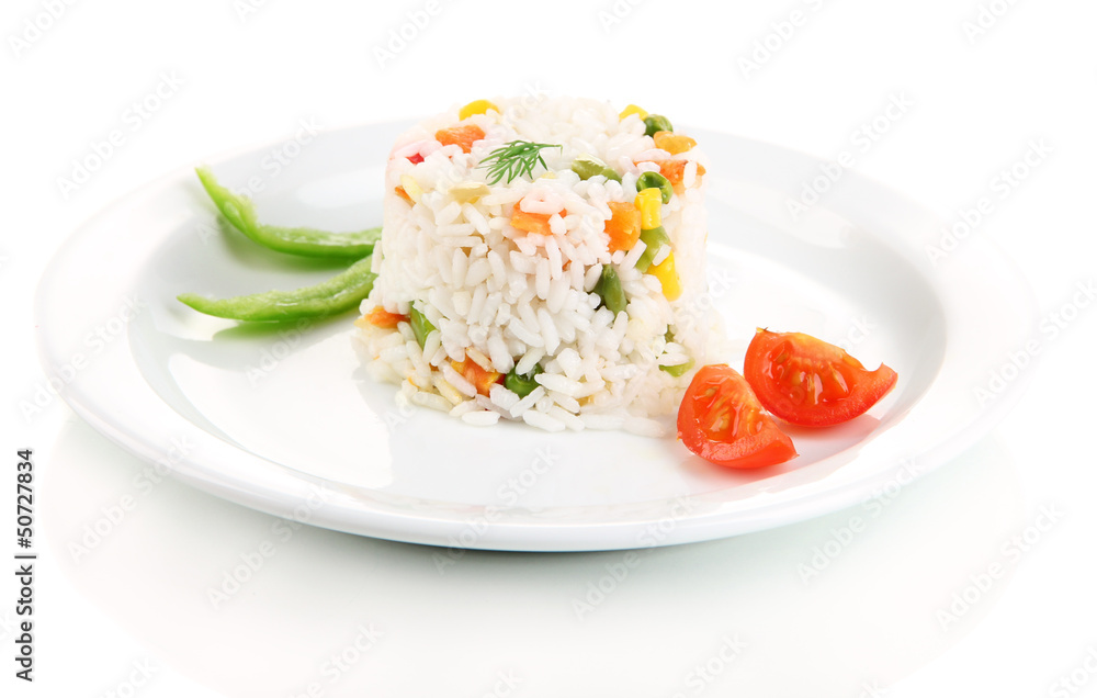 Delicious risotto with vegetables, isolated on white Delicious risotto with vegetables, isolated on white