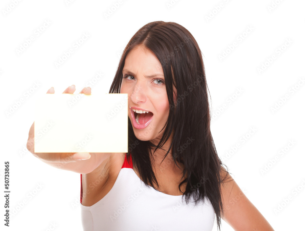 Gift card. Excited woman showing empty blank paper card sign Gift card. Excited woman showing empty blank paper card sign
