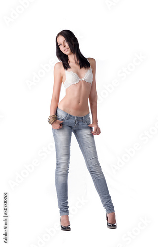 brunette in white bra with long black hair
