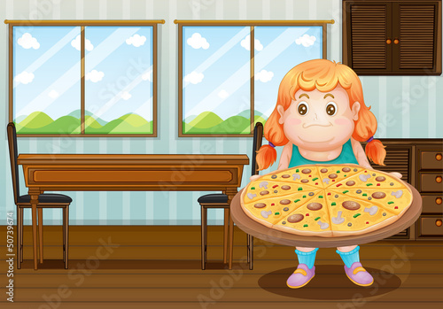 A fat girl holding a circle of pizza