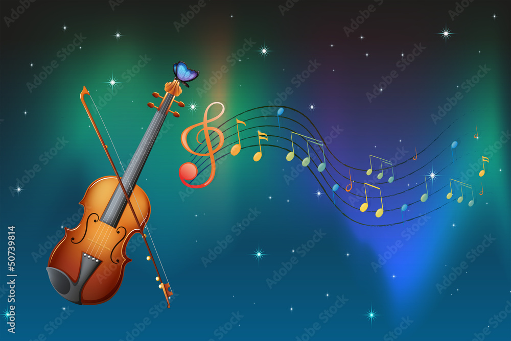 Fototapeta premium A string instrument with a butterfly and musical notes