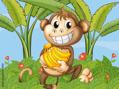 Fototapeta Naklejka Na Ścianę i Meble -  A happy monkey with bananas