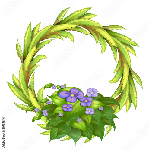 A round frame made of plants with violet flowers