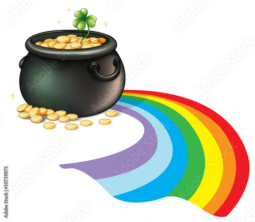 A pot of gold coins with a green plant