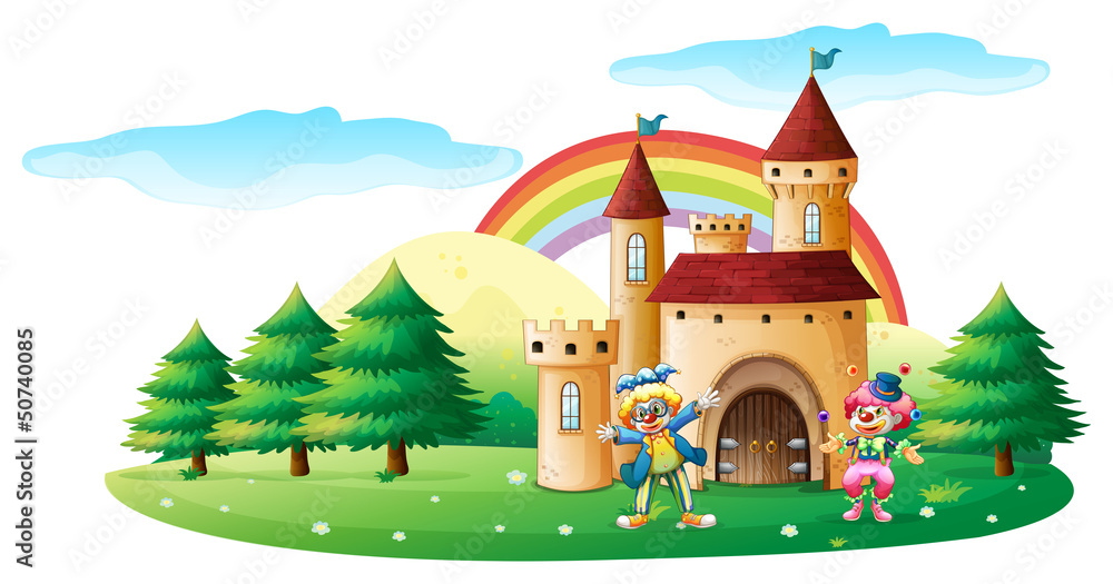 Two clowns in front of a castle Two clowns in front of a castle