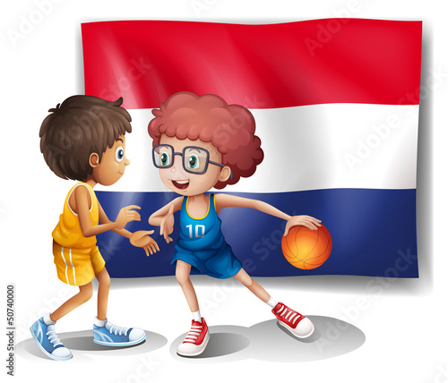 The flag of Netherlands and the basketball players