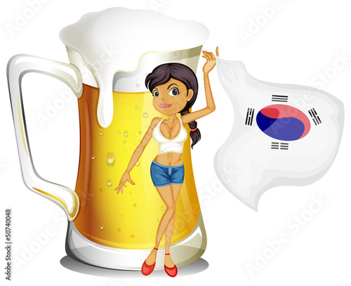 A girl with the Korean flag in front of a mug of beer