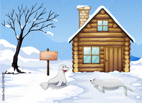 A wooden signboard in the snow