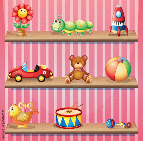 Wooden shelves with toys