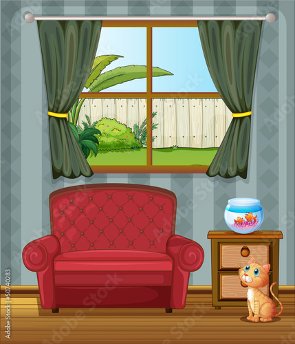A cat looking at the fish inside the house