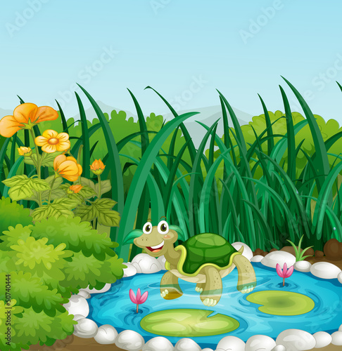 A turtle in the pond with waterlilies