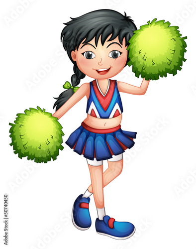 A cheerleader with her green pompoms