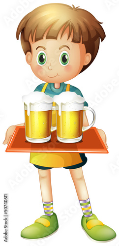 A boy holding a tray of beer