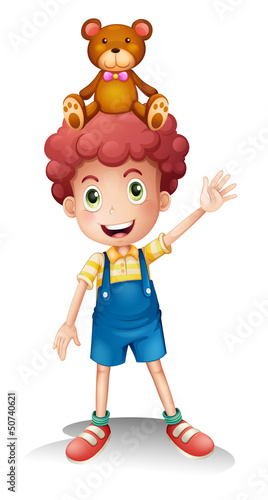 A boy with a toy above his head