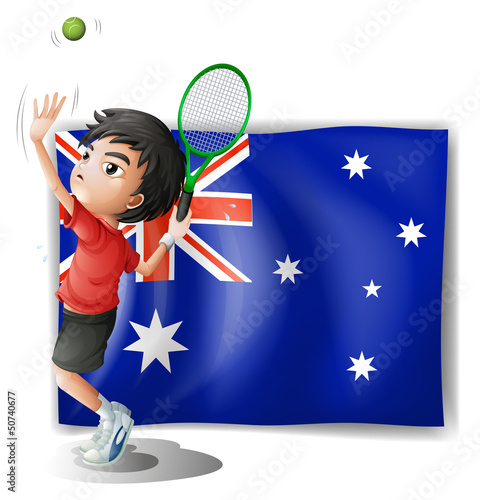 An athlete in front of the Australian flag