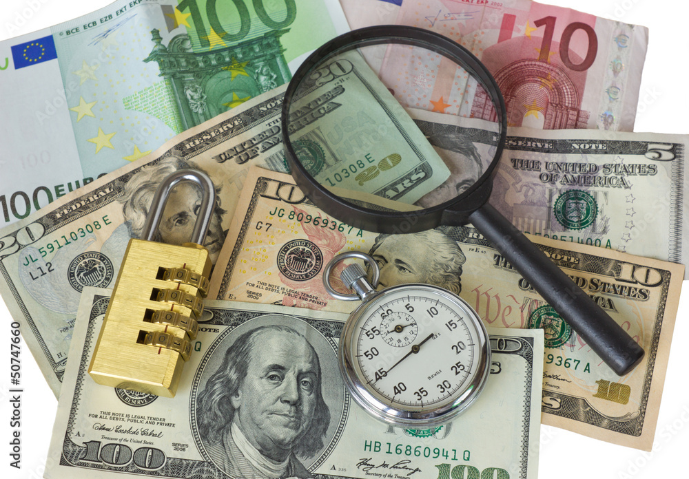 watch, magnifying glass, lock and money, isolated watch, magnifying glass, lock and money, isolated