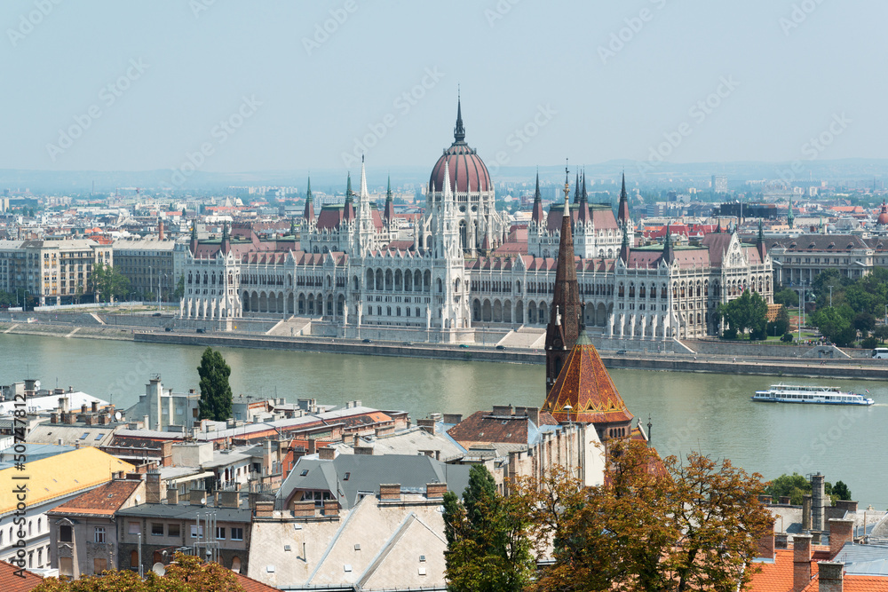 View of Hungarian parliament building with Danube river