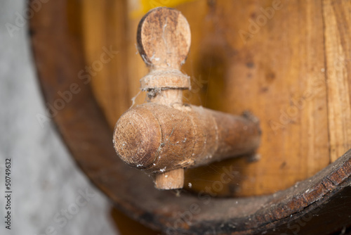 Vintage old wood barrel leaker macro close up photo
