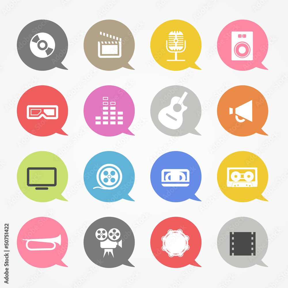 Media web icons set in color speech clouds Media web icons set in color speech clouds