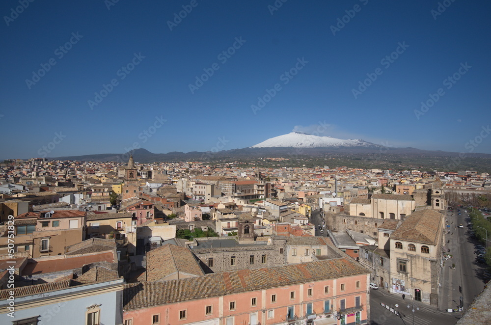 houses of Adrano with Etna voltano at the horizon