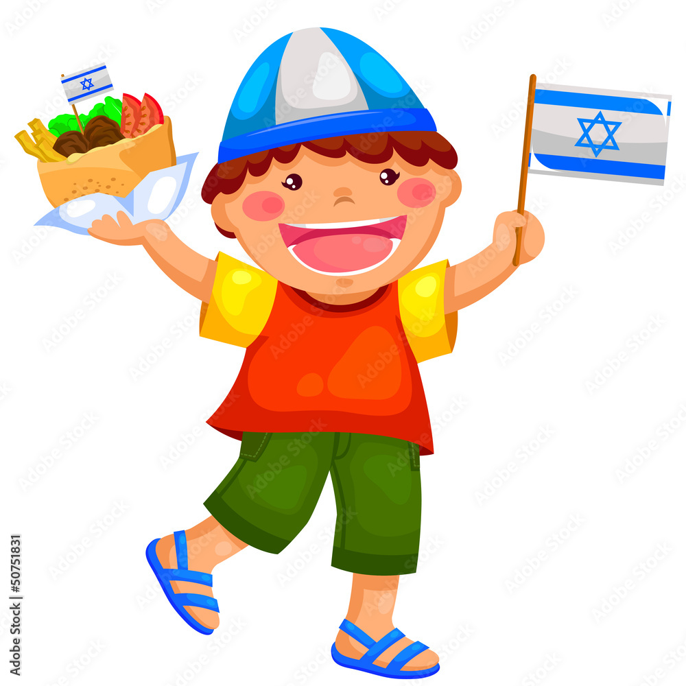kid holding the Israeli flag and eating falafel kid holding the Israeli flag and eating falafel