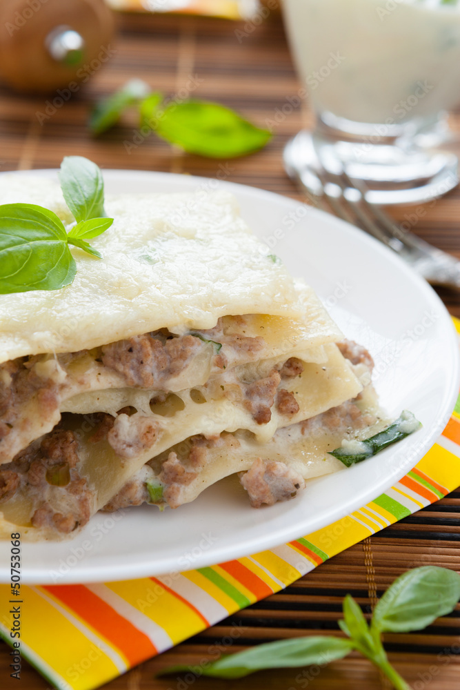 Meat lasagna with mozzarella on a white dish Meat lasagna with mozzarella on a white dish