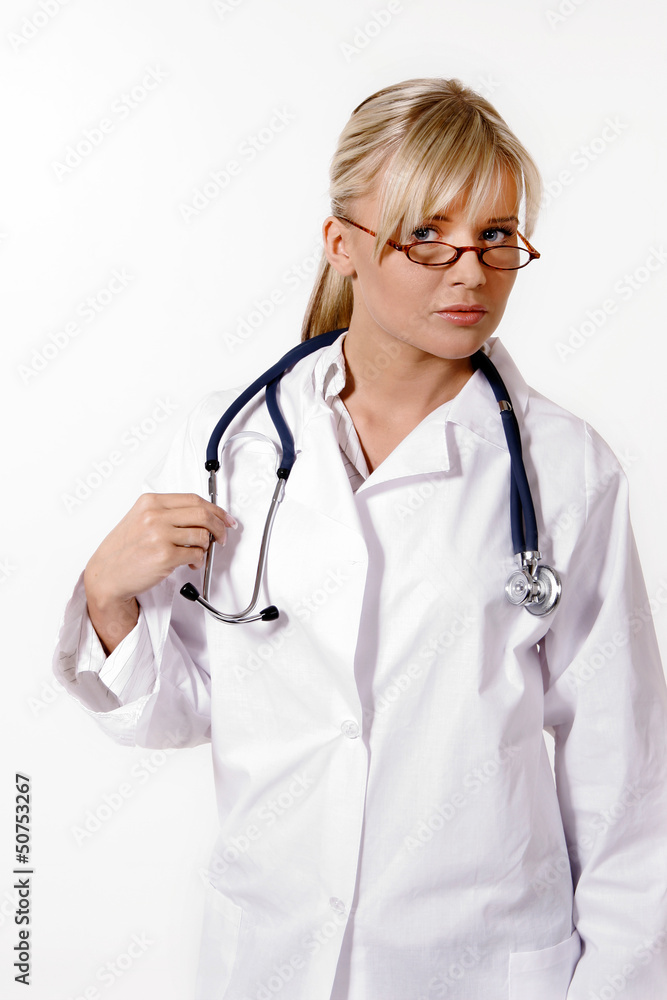 Young blonde woman doctor on white background Young blonde woman doctor on white background