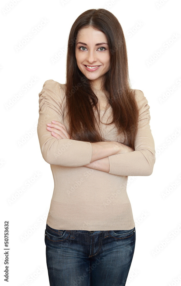 Obraz premium Casual smiling young woman in blue jeans isolated on white backg