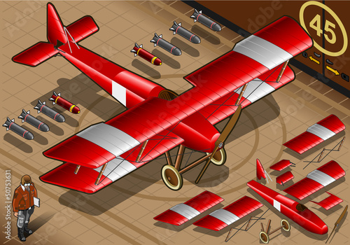 Isometric Red Biplane Landed in Front View