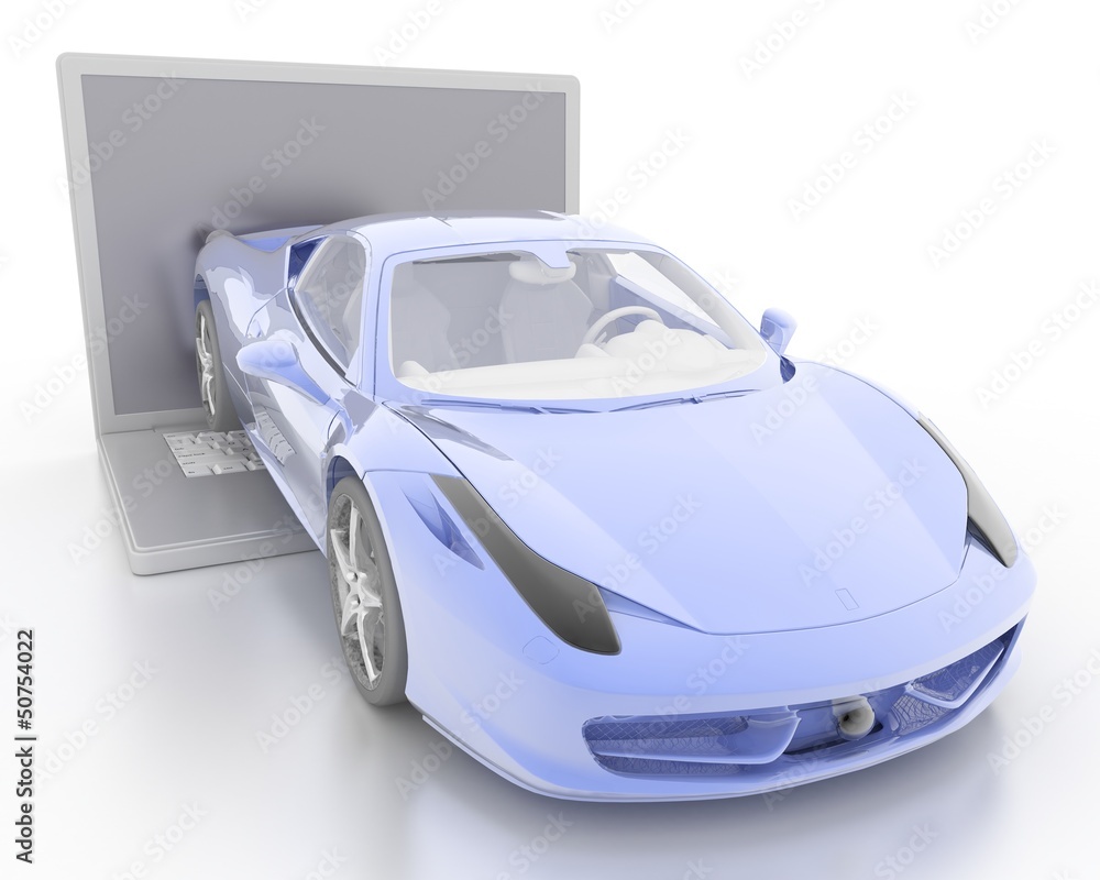 a laptop and a car in 3-d visualization