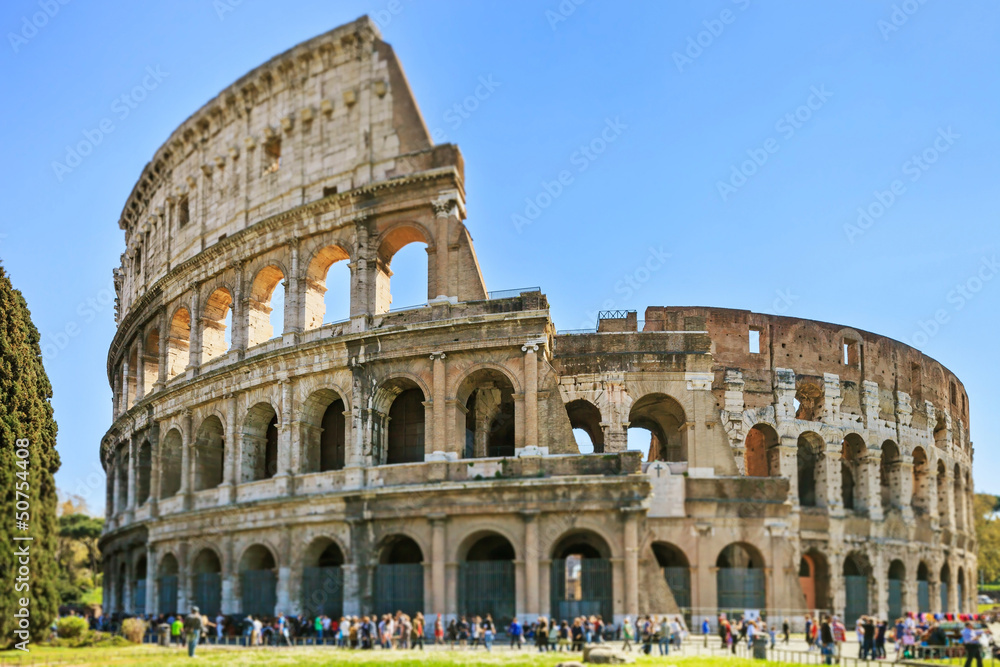 Roman Colosseum landmark. Tilt shift photo. Rome, Italy