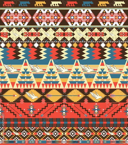 Seamless colorful aztec pattern with birds, flowers and arrow