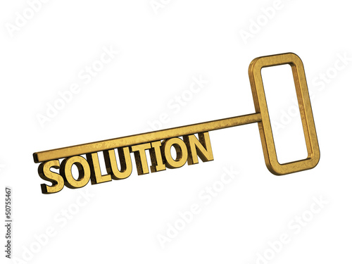 golden key with word solution on a white background photo