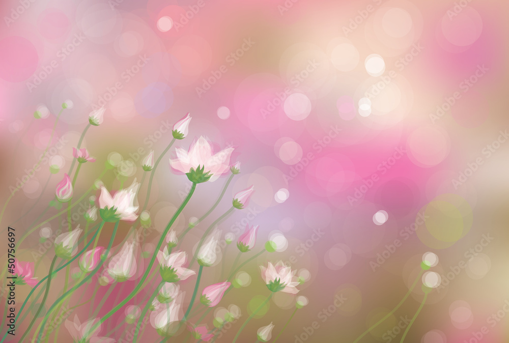 Vector of  flowers on spring bokeh background.
