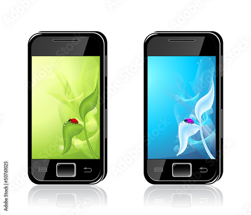 Two mobile phones with  ladybird on leaf  Backgrounds