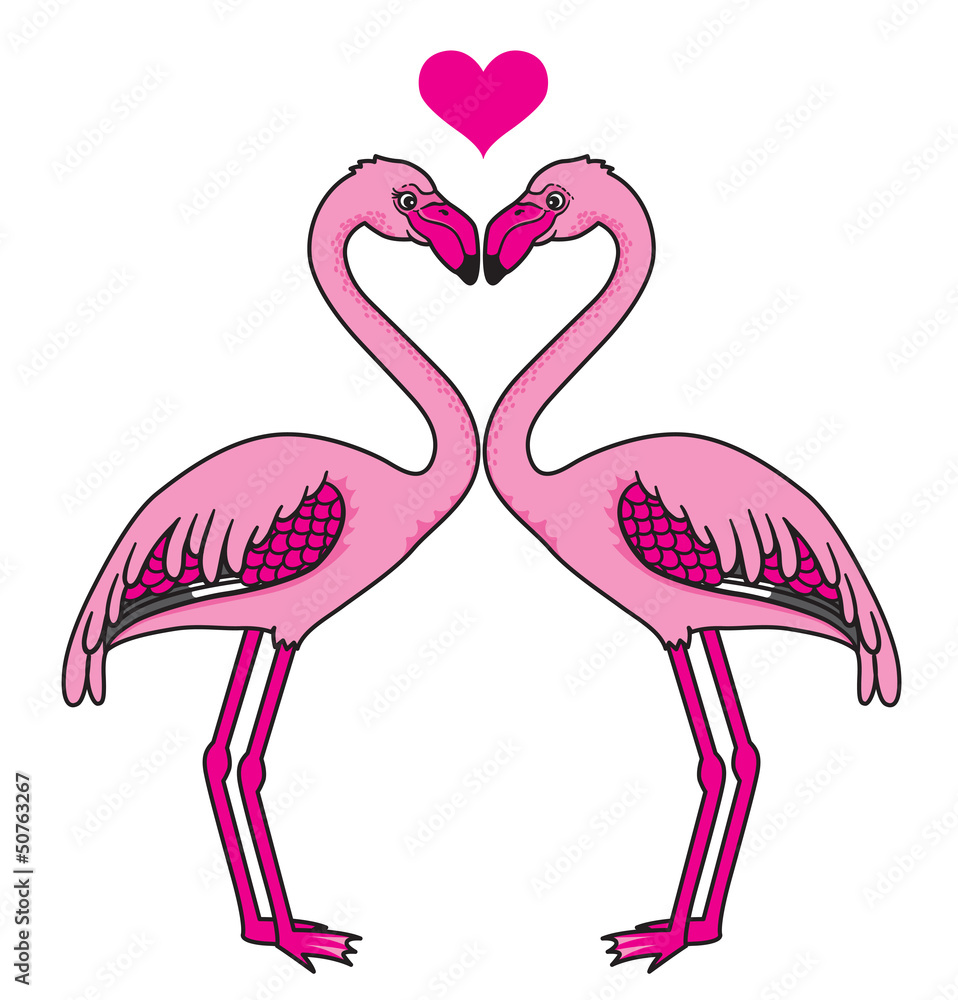Obraz premium Two pink heart-shaped flamingos in love