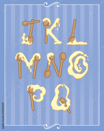 Baking Alphabet of spoons mixing sticky batter or dough  j - q