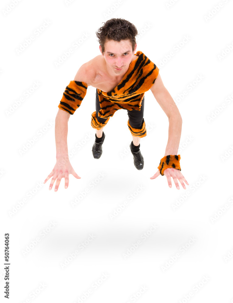 Wild man jumping against isolated white background Wild man jumping against isolated white background