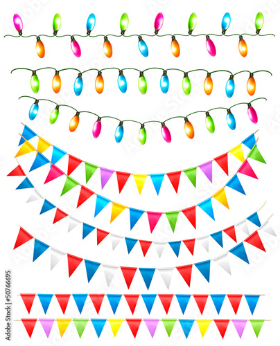 Strings of holiday lights and birthday flags white background. V