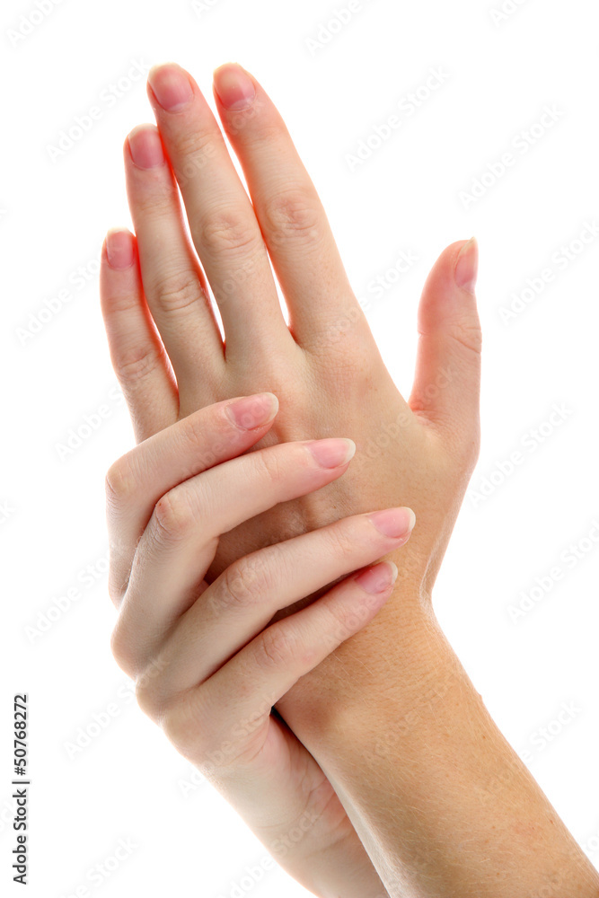 one woman hand massaged other, isolated on white one woman hand massaged other, isolated on white